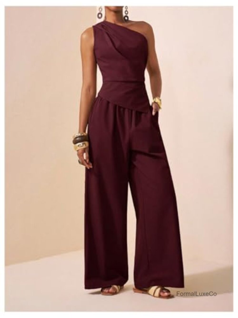 One Shoulder Ruched Top and Wide Leg Pants Matching Set - Picture 4 of 5